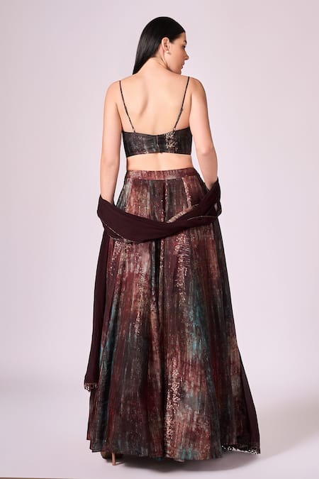 Shop Koswi Maroon Viscose Sweetheart Neck Tribal Print Shaded Slit Lehenga Set at Aza Fashions Shop_Koswi_Maroon Viscose Sweetheart Neck Tribal Print Shaded Slit Lehenga Set _at_Aza_Fashions