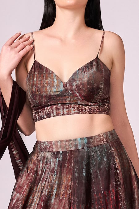 Koswi Maroon Viscose Sweetheart Neck Tribal Print Shaded Slit Lehenga Set Online at Aza Fashions Koswi_Maroon Viscose Sweetheart Neck Tribal Print Shaded Slit Lehenga Set _Online_at_Aza_Fashions