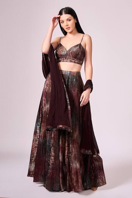 Buy Koswi Maroon Viscose Sweetheart Neck Tribal Print Shaded Slit Lehenga Set Online at Aza Fashions Buy_Koswi_Maroon Viscose Sweetheart Neck Tribal Print Shaded Slit Lehenga Set _Online_at_Aza_Fashions