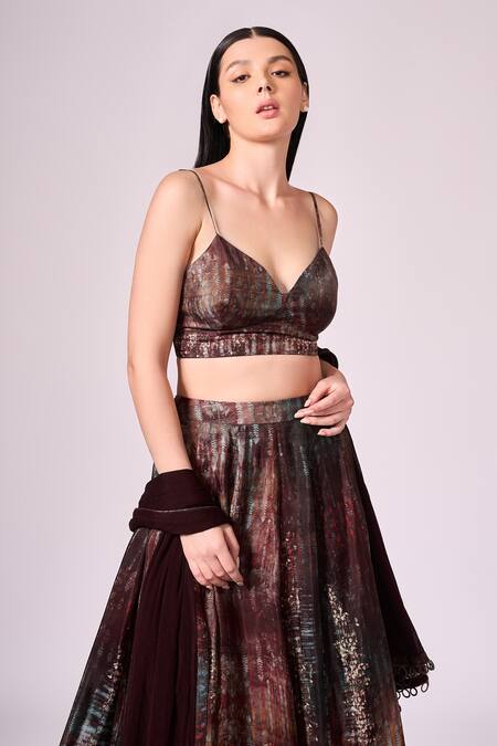 Shop Koswi Maroon Viscose Sweetheart Neck Tribal Print Shaded Slit Lehenga Set Online at Aza Fashions Shop_Koswi_Maroon Viscose Sweetheart Neck Tribal Print Shaded Slit Lehenga Set _Online_at_Aza_Fashions