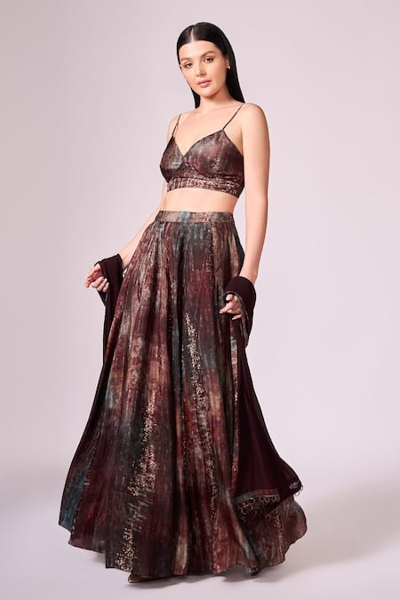 Koswi Maroon Viscose Sweetheart Neck Tribal Print Shaded Slit Lehenga Set at Aza Fashions Koswi_Maroon Viscose Sweetheart Neck Tribal Print Shaded Slit Lehenga Set _at_Aza_Fashions