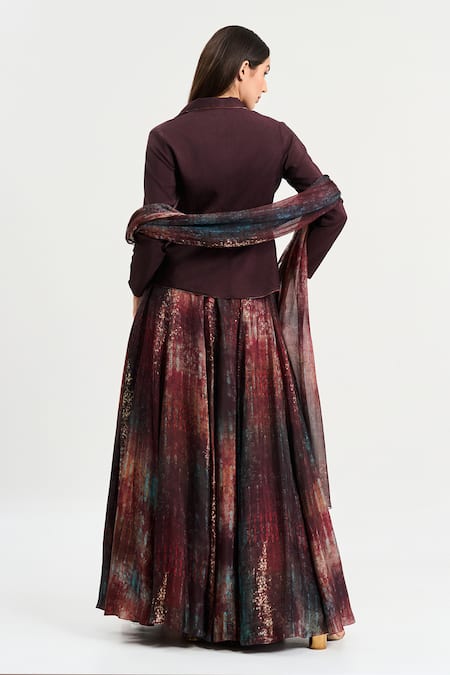 Shop_Koswi_Maroon Viscose Embroidery Collared Shaded Tribal Print Lehenga Set _at_Aza_Fashions