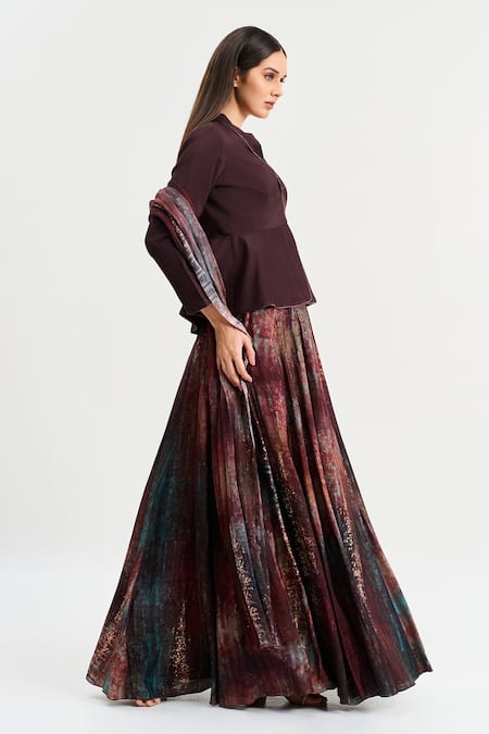 Buy_Koswi_Maroon Viscose Embroidery Collared Shaded Tribal Print Lehenga Set _Online_at_Aza_Fashions