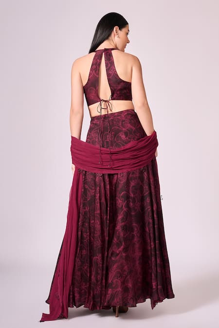 Shop Koswi Red Viscose Embroidery Bandeau Neck Floral Swirl Print Lehenga Set at Aza Fashions Shop_Koswi_Red Viscose Embroidery Bandeau Neck Floral Swirl Print Lehenga Set _at_Aza_Fashions