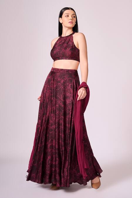 Koswi Red Viscose Embroidery Bandeau Neck Floral Swirl Print Lehenga Set Online at Aza Fashions Koswi_Red Viscose Embroidery Bandeau Neck Floral Swirl Print Lehenga Set _Online_at_Aza_Fashions