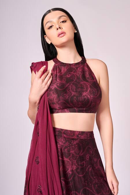 Buy Koswi Red Viscose Embroidery Bandeau Neck Floral Swirl Print Lehenga Set Online at Aza Fashions Buy_Koswi_Red Viscose Embroidery Bandeau Neck Floral Swirl Print Lehenga Set _Online_at_Aza_Fashions