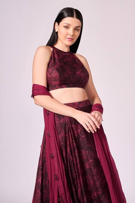 Shop Koswi Red Viscose Embroidery Bandeau Neck Floral Swirl Print Lehenga Set Online at Aza Fashions Shop_Koswi_Red Viscose Embroidery Bandeau Neck Floral Swirl Print Lehenga Set _Online_at_Aza_Fashions
