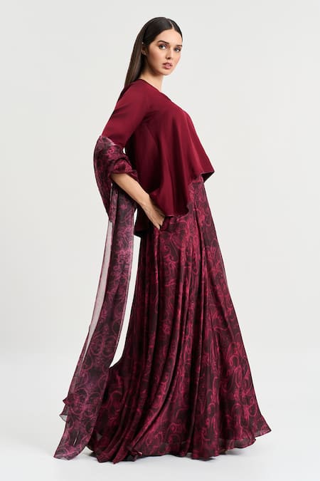 Buy Koswi Red Viscose Embroidery V-neck Floral Print Lehenga Set With Top Online at Aza Fashions Buy_Koswi_Red Viscose Embroidery V-neck Floral Print Lehenga Set With Top _Online_at_Aza_Fashions