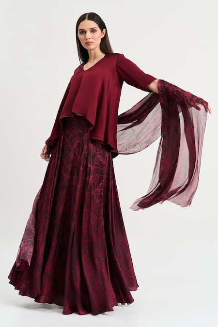 Shop Koswi Red Viscose Embroidery V-neck Floral Print Lehenga Set With Top Online at Aza Fashions Shop_Koswi_Red Viscose Embroidery V-neck Floral Print Lehenga Set With Top _Online_at_Aza_Fashions