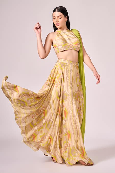 Buy Koswi Green Viscose Bandeau Neck Geometric Print Lehenga Set Online at Aza Fashions Buy_Koswi_Green Viscose Bandeau Neck Geometric Print Lehenga Set _Online_at_Aza_Fashions