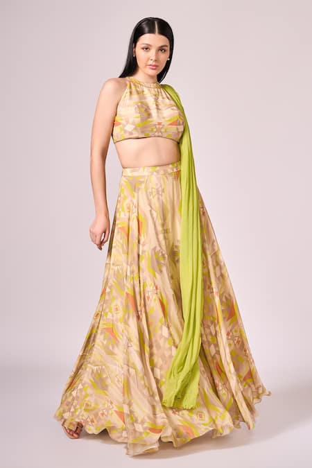 Shop Koswi Green Viscose Bandeau Neck Geometric Print Lehenga Set Online at Aza Fashions Shop_Koswi_Green Viscose Bandeau Neck Geometric Print Lehenga Set _Online_at_Aza_Fashions