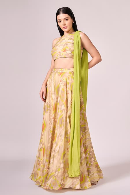 Buy Koswi Green Viscose Bandeau Neck Geometric Print Lehenga Set Buy_Koswi_Green Viscose Bandeau Neck Geometric Print Lehenga Set