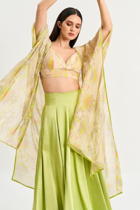 Buy Koswi Green Viscose Sweetheart Neck Solid Lehenga Set With Printed Cape Online at Aza Fashions Buy_Koswi_Green Viscose Sweetheart Neck Solid Lehenga Set With Printed Cape _Online_at_Aza_Fashions