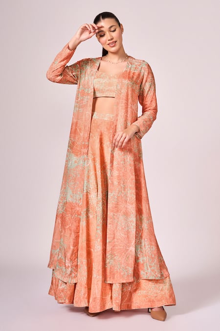 Koswi Peach Viscose Printed Abstract Cape Open Floral Lehenga Set 