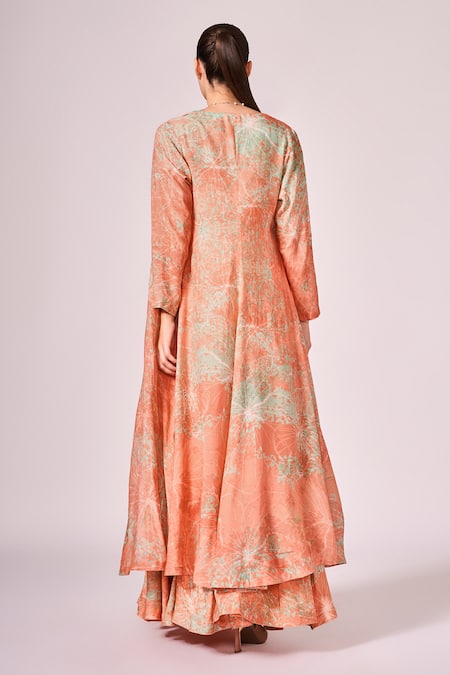 Shop Koswi Peach Viscose Embroidery Scoop Neck Abstract Floral Print Lehenga Cape Set at Aza Fashions Shop_Koswi_Peach Viscose Embroidery Scoop Neck Abstract Floral Print Lehenga Cape Set _at_Aza_Fashions