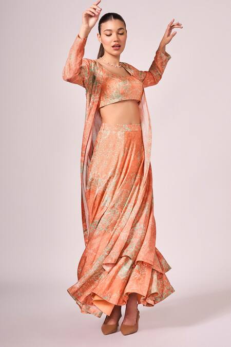 Koswi Peach Viscose Embroidery Scoop Neck Abstract Floral Print Lehenga Cape Set Online at Aza Fashions Koswi_Peach Viscose Embroidery Scoop Neck Abstract Floral Print Lehenga Cape Set _Online_at_Aza_Fashions