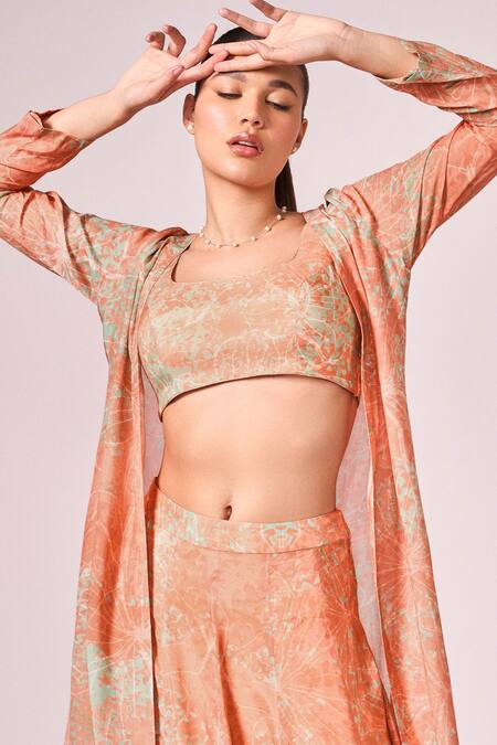 Buy Koswi Peach Viscose Embroidery Scoop Neck Abstract Floral Print Lehenga Cape Set Online at Aza Fashions Buy_Koswi_Peach Viscose Embroidery Scoop Neck Abstract Floral Print Lehenga Cape Set _Online_at_Aza_Fashions