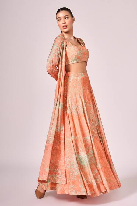Shop Koswi Peach Viscose Embroidery Scoop Neck Abstract Floral Print Lehenga Cape Set Online at Aza Fashions Shop_Koswi_Peach Viscose Embroidery Scoop Neck Abstract Floral Print Lehenga Cape Set _Online_at_Aza_Fashions