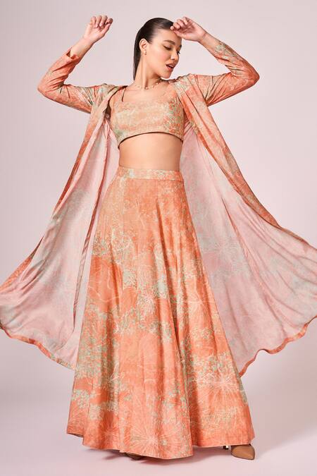 Koswi Peach Viscose Embroidery Scoop Neck Abstract Floral Print Lehenga Cape Set at Aza Fashions Koswi_Peach Viscose Embroidery Scoop Neck Abstract Floral Print Lehenga Cape Set _at_Aza_Fashions