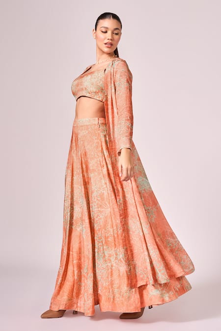 Buy Koswi Peach Viscose Embroidery Scoop Neck Abstract Floral Print Lehenga Cape Set Buy_Koswi_Peach Viscose Embroidery Scoop Neck Abstract Floral Print Lehenga Cape Set