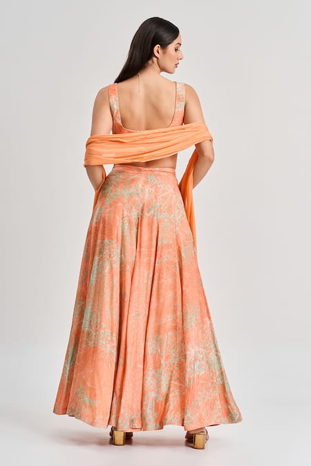 Shop Koswi Peach Viscose Scoop Neck Floral Abstract Print Lehenga Set at Aza Fashions Shop_Koswi_Peach Viscose Scoop Neck Floral Abstract Print Lehenga Set _at_Aza_Fashions