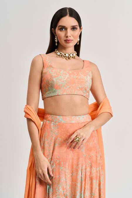 Koswi Peach Viscose Scoop Neck Floral Abstract Print Lehenga Set Online at Aza Fashions Koswi_Peach Viscose Scoop Neck Floral Abstract Print Lehenga Set _Online_at_Aza_Fashions