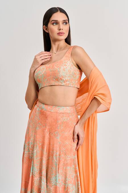 Buy Koswi Peach Viscose Scoop Neck Floral Abstract Print Lehenga Set Online at Aza Fashions Buy_Koswi_Peach Viscose Scoop Neck Floral Abstract Print Lehenga Set _Online_at_Aza_Fashions