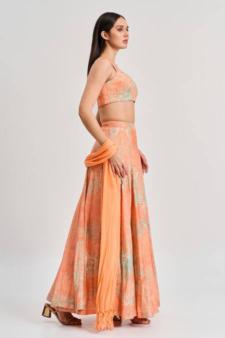 Shop Koswi Peach Viscose Scoop Neck Floral Abstract Print Lehenga Set Online at Aza Fashions Shop_Koswi_Peach Viscose Scoop Neck Floral Abstract Print Lehenga Set _Online_at_Aza_Fashions