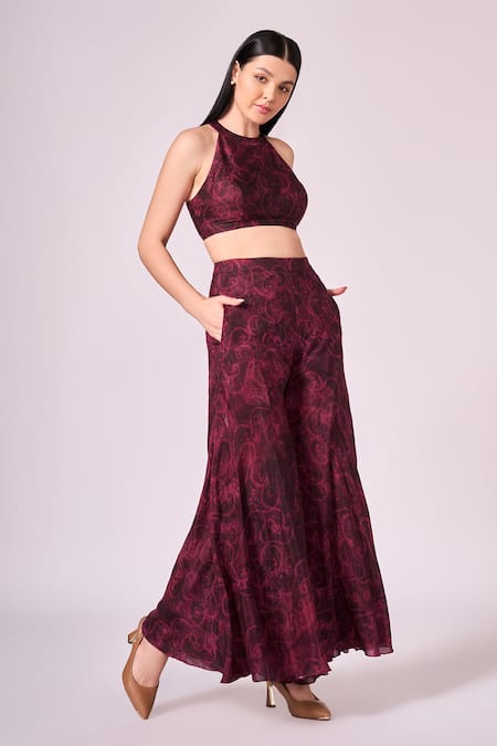 Shop Koswi Red Viscose Round Neck Floral Swirl Print Blouse With Palazzo at Aza Fashions Shop_Koswi_Red Viscose Round Neck Floral Swirl Print Blouse With Palazzo _at_Aza_Fashions