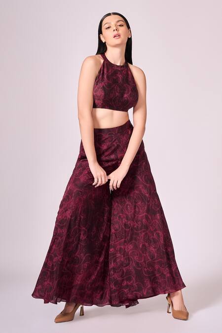 Koswi Red Viscose Round Neck Floral Swirl Print Blouse With Palazzo Online at Aza Fashions Koswi_Red Viscose Round Neck Floral Swirl Print Blouse With Palazzo _Online_at_Aza_Fashions