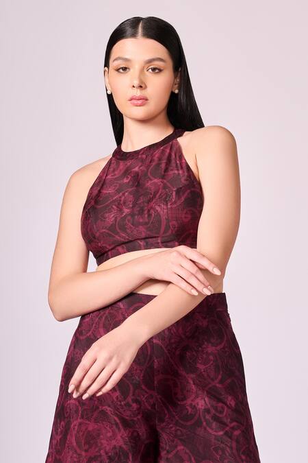 Buy Koswi Red Viscose Round Neck Floral Swirl Print Blouse With Palazzo Online at Aza Fashions Buy_Koswi_Red Viscose Round Neck Floral Swirl Print Blouse With Palazzo _Online_at_Aza_Fashions