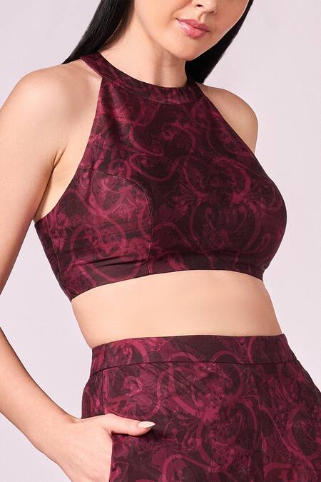 Shop Koswi Red Viscose Round Neck Floral Swirl Print Blouse With Palazzo Online at Aza Fashions Shop_Koswi_Red Viscose Round Neck Floral Swirl Print Blouse With Palazzo _Online_at_Aza_Fashions