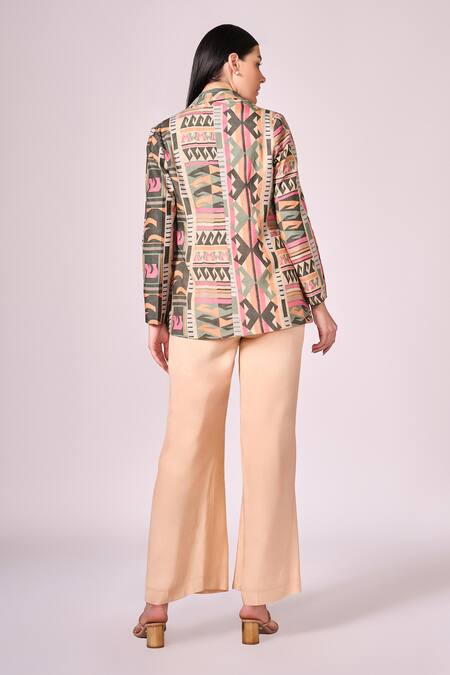Shop Koswi Multi Color Viscose Collared Geometric Print Blazer And Pant Set at Aza Fashions Shop_Koswi_Multi Color Viscose Collared Geometric Print Blazer And Pant Set _at_Aza_Fashions