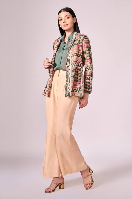 Buy Koswi Multi Color Viscose Collared Geometric Print Blazer And Pant Set Online at Aza Fashions Buy_Koswi_Multi Color Viscose Collared Geometric Print Blazer And Pant Set _Online_at_Aza_Fashions