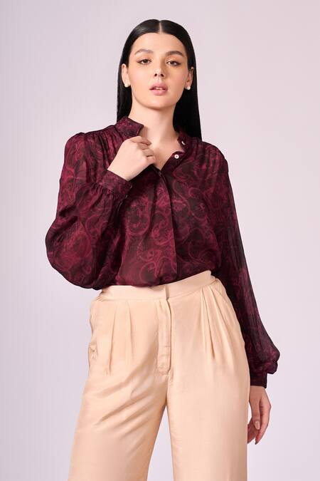 Shop Koswi Red Viscose Collared Floral Vine Print Shirt With Pant Online at Aza Fashions Shop_Koswi_Red Viscose Collared Floral Vine Print Shirt With Pant _Online_at_Aza_Fashions