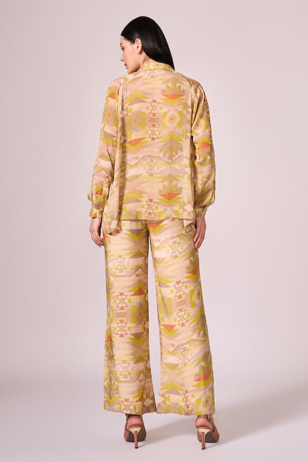 Shop Koswi Green Viscose Collared Geometric Print Shirt And Pant Set at Aza Fashions Shop_Koswi_Green Viscose Collared Geometric Print Shirt And Pant Set _at_Aza_Fashions
