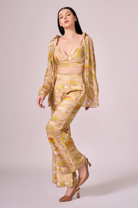 Shop Koswi Green Viscose Collared Geometric Print Shirt And Pant Set Shop_Koswi_Green Viscose Collared Geometric Print Shirt And Pant Set
