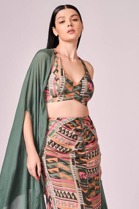 Koswi Green Viscose Round Neck Cape And Geometric Print Skirt Set Online at Aza Fashions Koswi_Green Viscose Round Neck Cape And Geometric Print Skirt Set _Online_at_Aza_Fashions