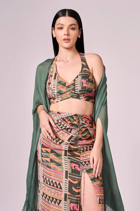 Buy Koswi Green Viscose Round Neck Cape And Geometric Print Skirt Set Buy_Koswi_Green Viscose Round Neck Cape And Geometric Print Skirt Set