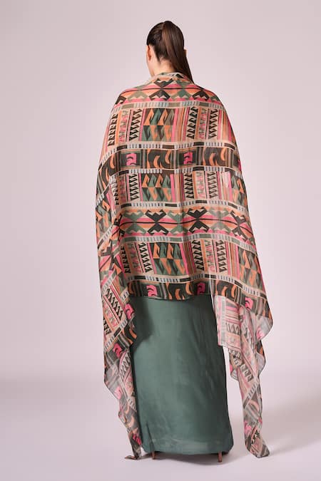Shop Koswi Multi Color Viscose Halter Neck Geometric Print Cape And Skirt Set at Aza Fashions Shop_Koswi_Multi Color Viscose Halter Neck Geometric Print Cape And Skirt Set _at_Aza_Fashions
