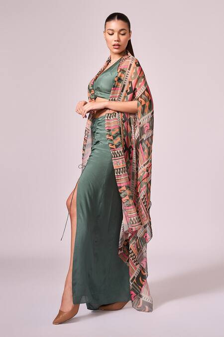 Buy Koswi Multi Color Viscose Halter Neck Geometric Print Cape And Skirt Set Buy_Koswi_Multi Color Viscose Halter Neck Geometric Print Cape And Skirt Set