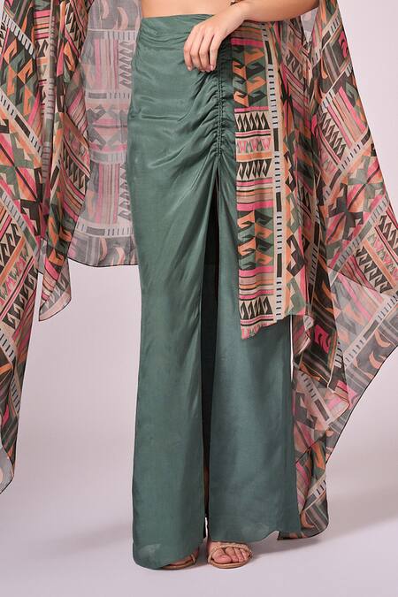 Shop Koswi Multi Color Viscose Halter Neck Geometric Print Cape And Skirt Set Shop_Koswi_Multi Color Viscose Halter Neck Geometric Print Cape And Skirt Set
