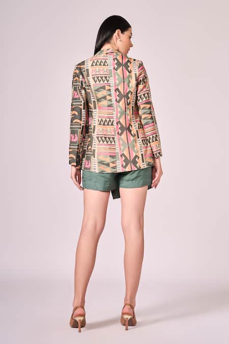 Shop Koswi Multi Color Viscose Open , Halter Geometric Print Jacket And Skorts Set at Aza Fashions Shop_Koswi_Multi Color Viscose Open , Halter Geometric Print Jacket And Skorts Set _at_Aza_Fashions