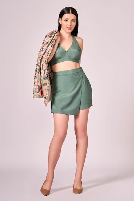 Koswi Multi Color Viscose Open , Halter Geometric Print Jacket And Skorts Set Online at Aza Fashions Koswi_Multi Color Viscose Open , Halter Geometric Print Jacket And Skorts Set _Online_at_Aza_Fashions