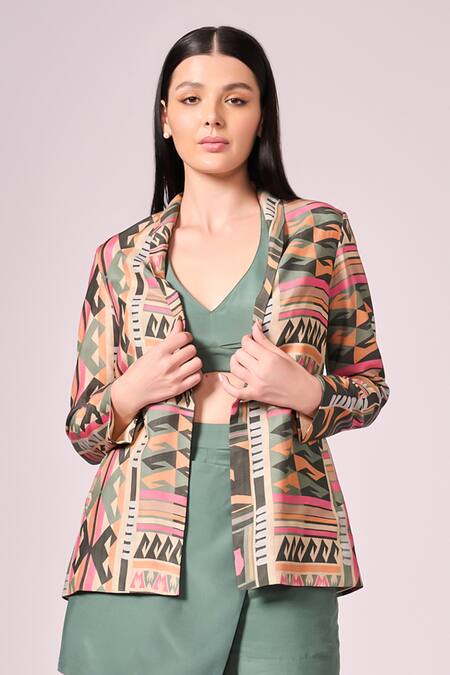 Shop Koswi Multi Color Viscose Open , Halter Geometric Print Jacket And Skorts Set Online at Aza Fashions Shop_Koswi_Multi Color Viscose Open , Halter Geometric Print Jacket And Skorts Set _Online_at_Aza_Fashions