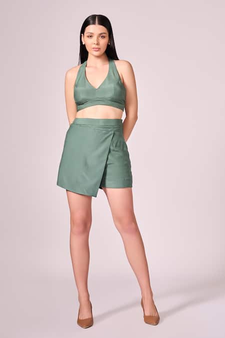 Shop Koswi Multi Color Viscose Open , Halter Geometric Print Jacket And Skorts Set Shop_Koswi_Multi Color Viscose Open , Halter Geometric Print Jacket And Skorts Set