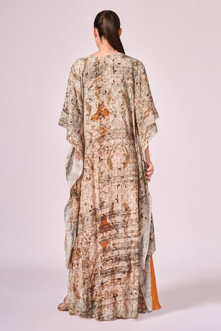 Shop Koswi Brown Viscose Embroidery Round Neck Abstract Floral Print Cape And Skirt Set at Aza Fashions Shop_Koswi_Brown Viscose Embroidery Round Neck Abstract Floral Print Cape And Skirt Set _at_Aza_Fashions