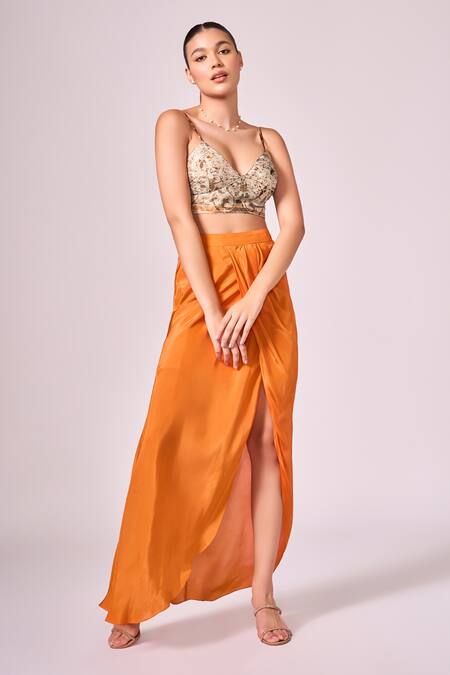 Buy Koswi Brown Viscose Embroidery Round Neck Abstract Floral Print Cape And Skirt Set Online at Aza Fashions Buy_Koswi_Brown Viscose Embroidery Round Neck Abstract Floral Print Cape And Skirt Set _Online_at_Aza_Fashions