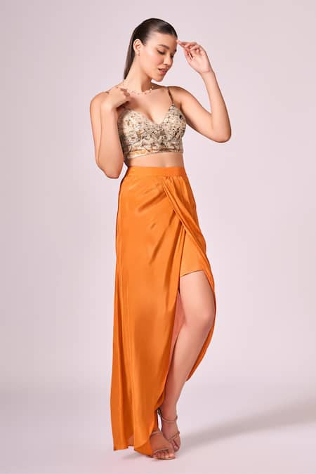 Shop Koswi Brown Viscose Embroidery Round Neck Abstract Floral Print Cape And Skirt Set Online at Aza Fashions Shop_Koswi_Brown Viscose Embroidery Round Neck Abstract Floral Print Cape And Skirt Set _Online_at_Aza_Fashions