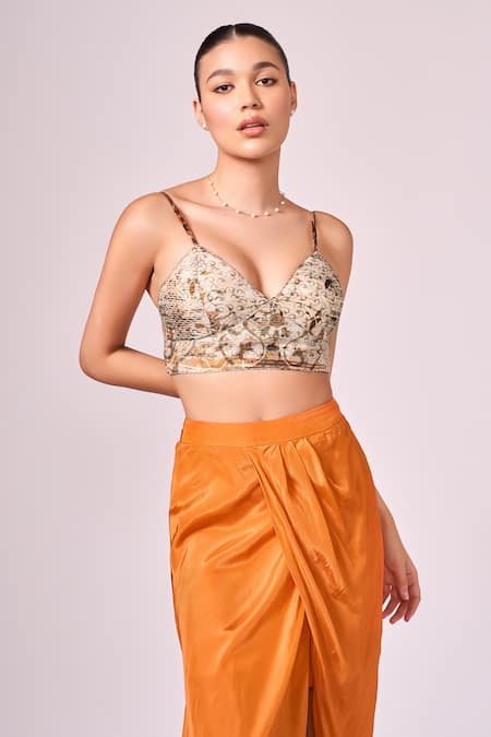 Koswi Brown Viscose Embroidery Round Neck Abstract Floral Print Cape And Skirt Set at Aza Fashions Koswi_Brown Viscose Embroidery Round Neck Abstract Floral Print Cape And Skirt Set _at_Aza_Fashions